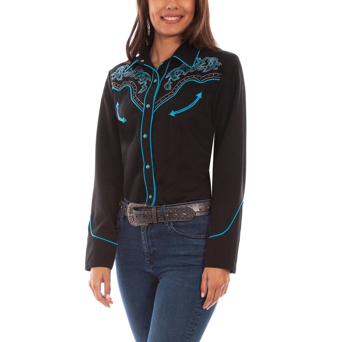Scully® Ladies Turquoise Boot Stitch Button Down Shirt PL-889-BLK