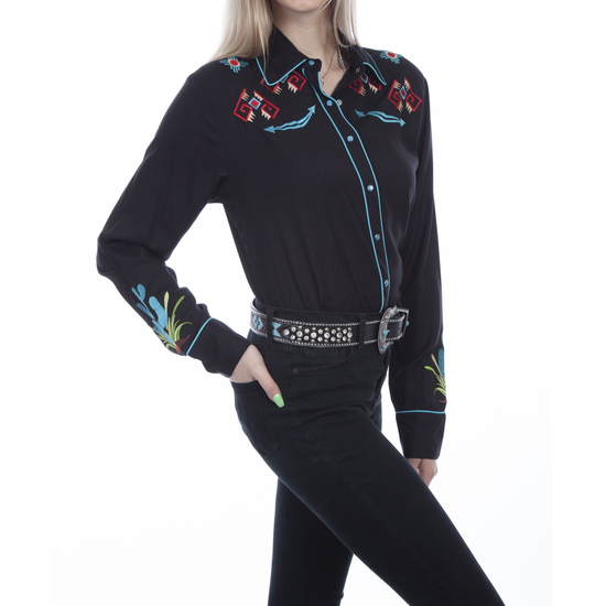 Scully Ladies Southwest Embroidery Black Western Snap Shirt PL-891