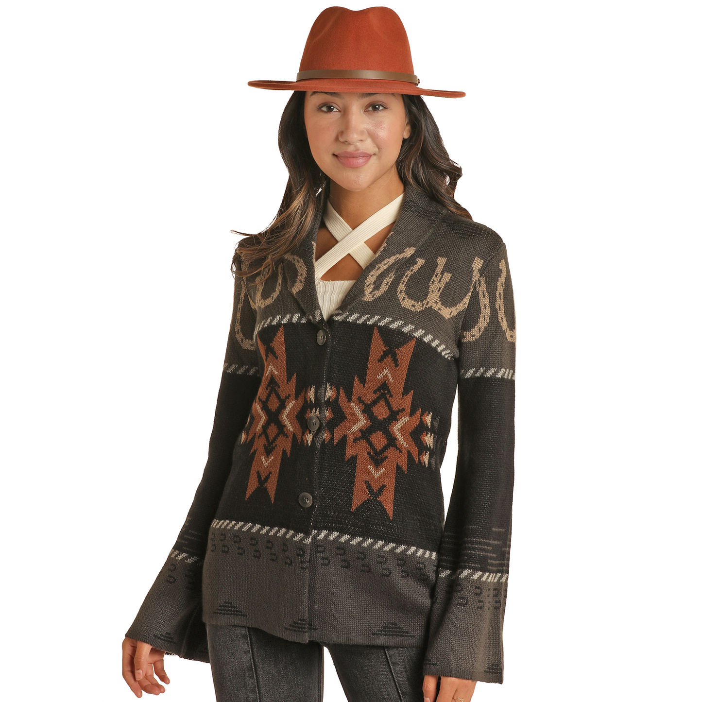 Powder River Ladies Horseshoe & Aztec Black Knit Cardigan PRWO95RZXC-01