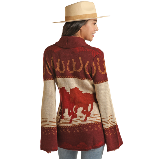 Powder River Ladies Horseshoe & Aztec Burgundy Sweater PRWO95RZXC-62