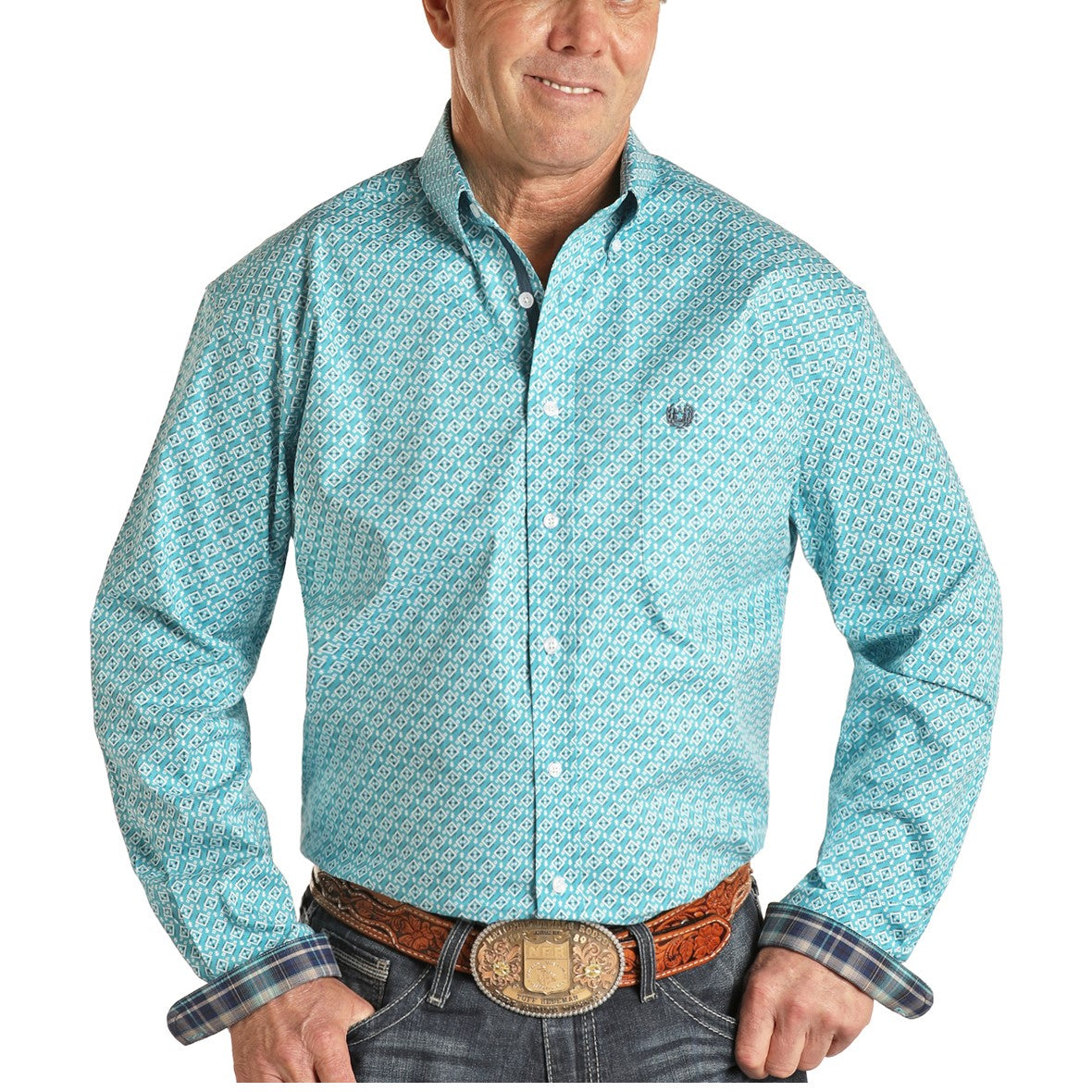 Panhandle Rough Stock Men's Turquoise Button Down Shirt R0D1202