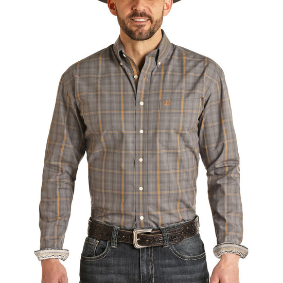 Panhandle Men's Dobby Plaid Dark Grey Button Down Shirt R0D1230