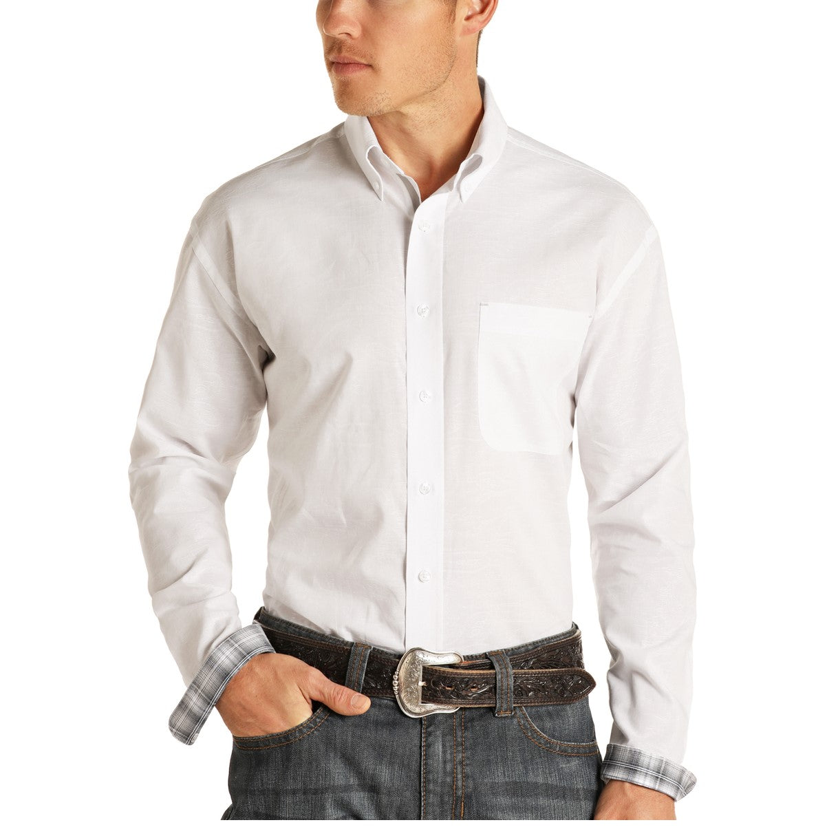 Panhandle Rough Stock Men's White Jacquard Button Shirt R0D1254