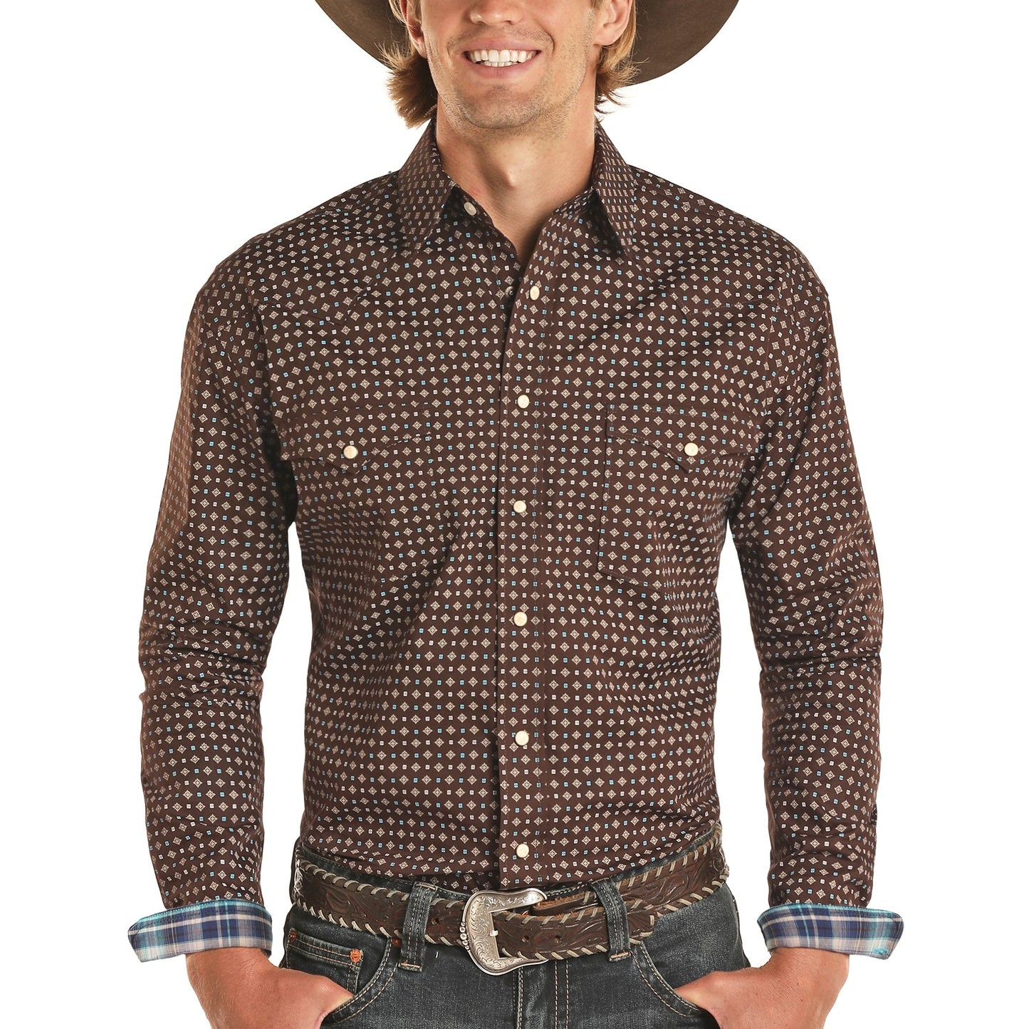 Panhandle Rough Stock® Men's Geo Print Brown Long Sleeve Snap Shirt R0S1204