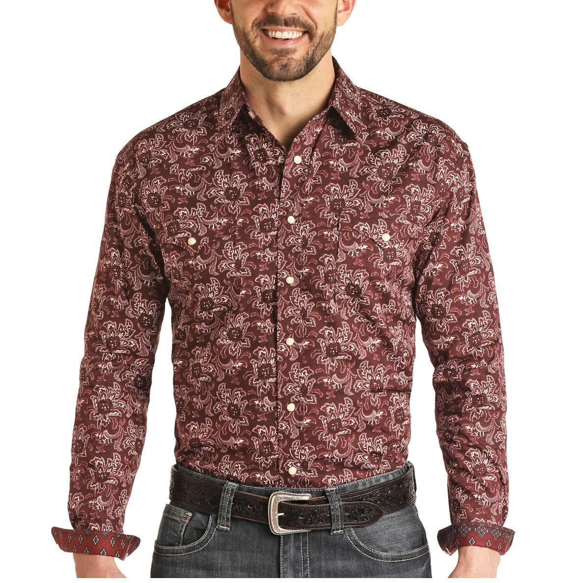 Panhandle Rough Stock Men's Red Floral Print Snap Shirt R0S1220
