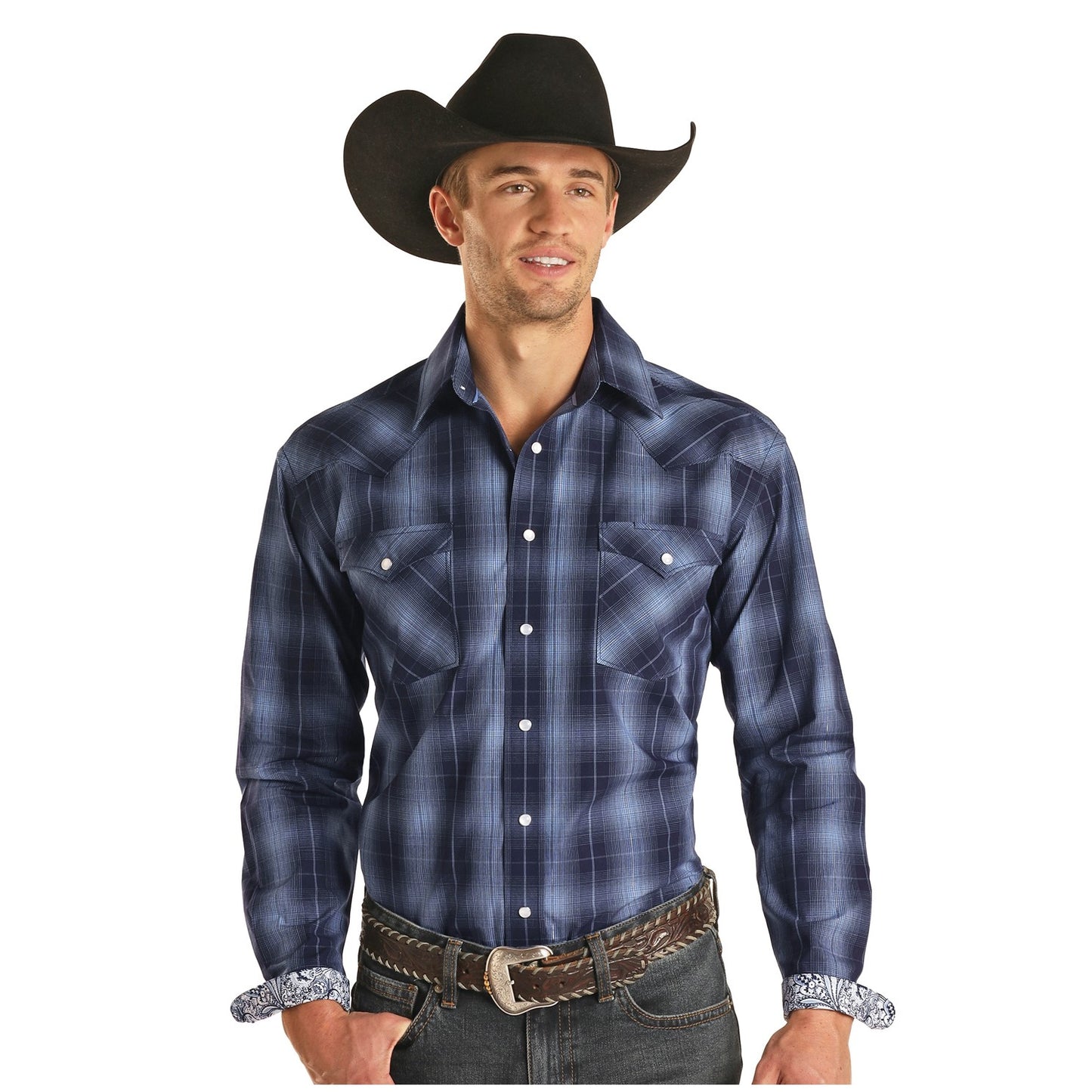 Panhandle® Men's Ombre Indigo Plaid Long Sleeve Snap Shirt R0S2527