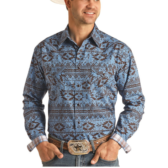 Panhandle Men's Horizontal Distressed Aztec Blue Snap Shirt R0S3272