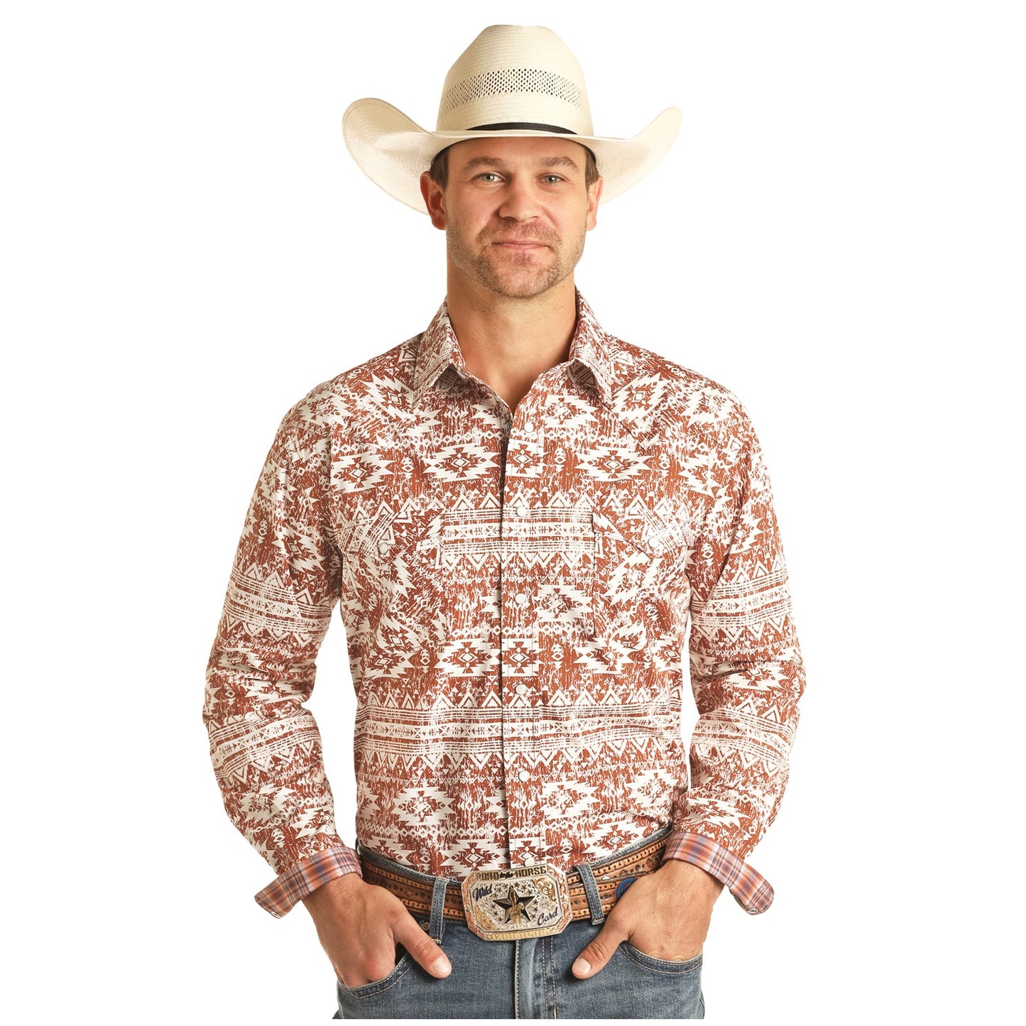 Rock & Roll Cowboy Men's Horizontal Distressed Aztec Snap Shirt R0S3281