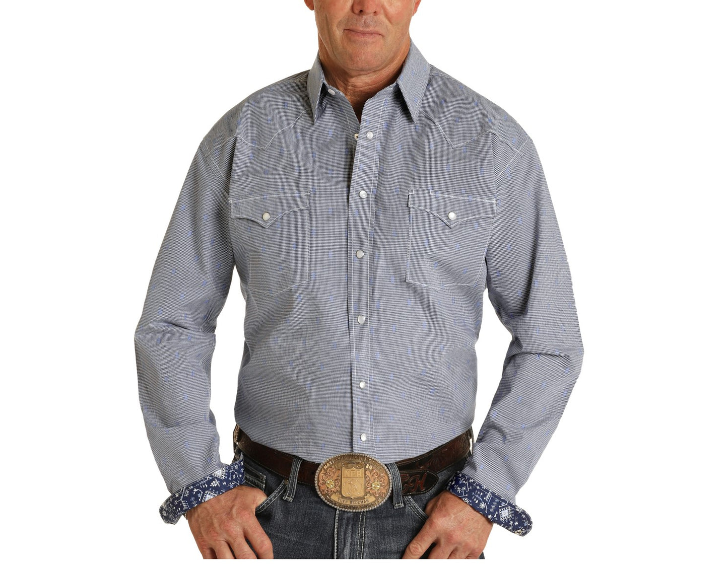 Panhandle Rough Stock Men's LS Dobby Gingham Blue Snap Shirt R0S9006