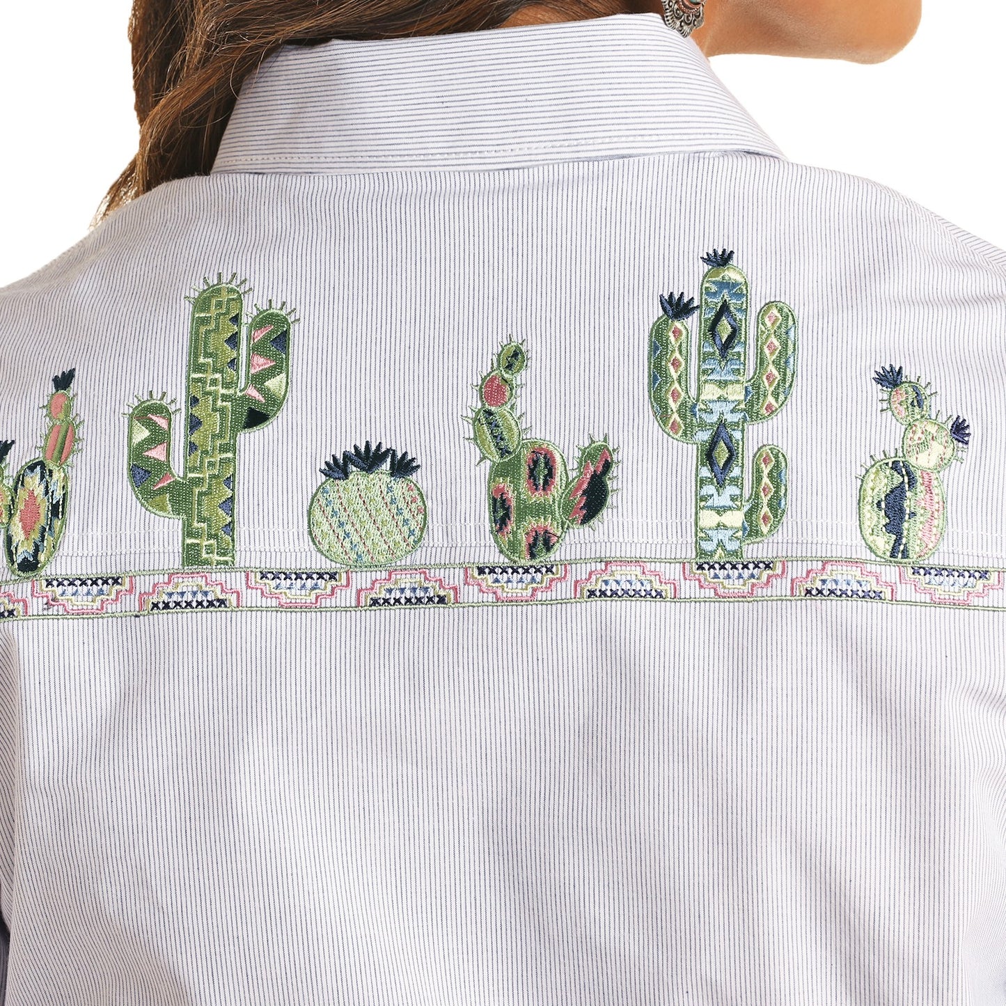 Panhandle Ladies Micro Pinstripe Cactus Print Button Down Shirt R4B3289