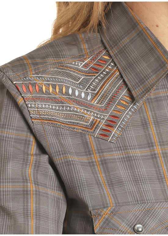 Panhandle Rough Stock Ladies Dobby Plaid Dark Grey Snap Shirt R4S1230