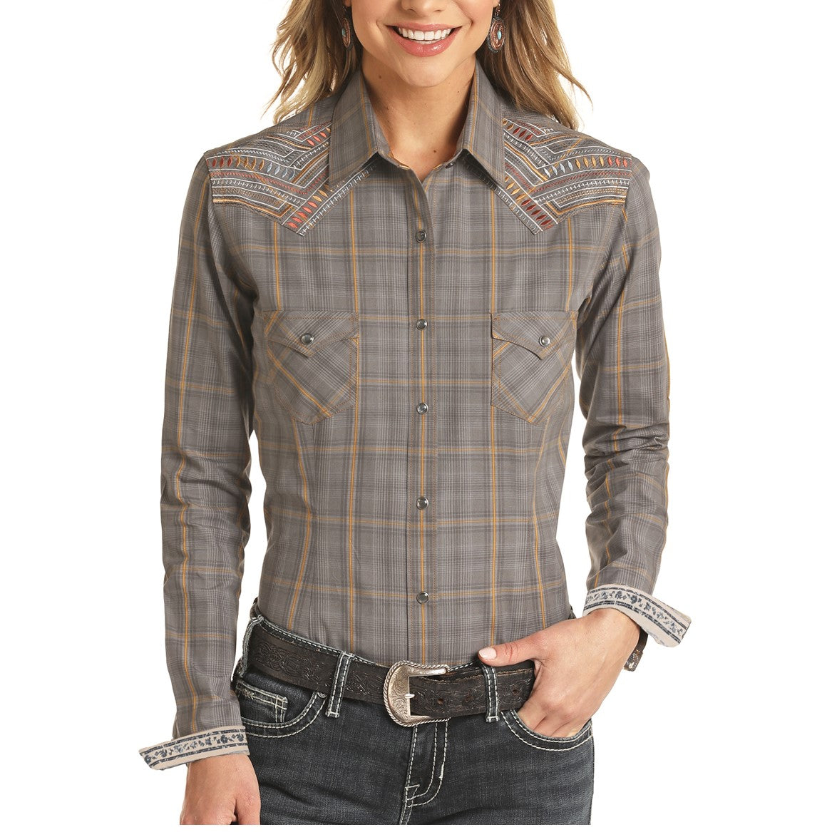 Panhandle Rough Stock Ladies Dobby Plaid Dark Grey Snap Shirt R4S1230