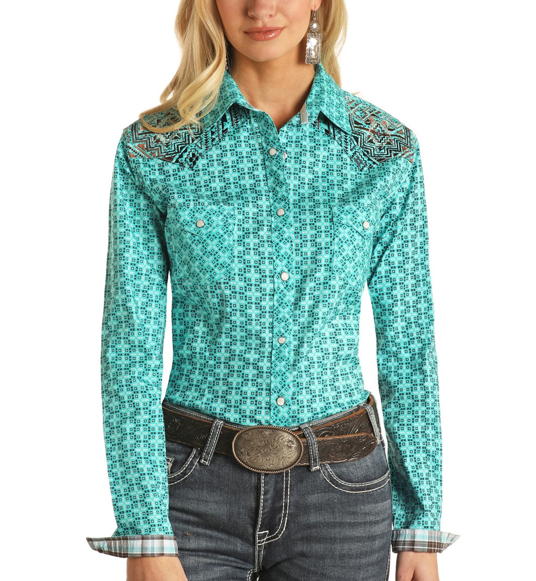 Panhandle Rough Stock Ladies Light Turquoise Printed Shirt R4S2492