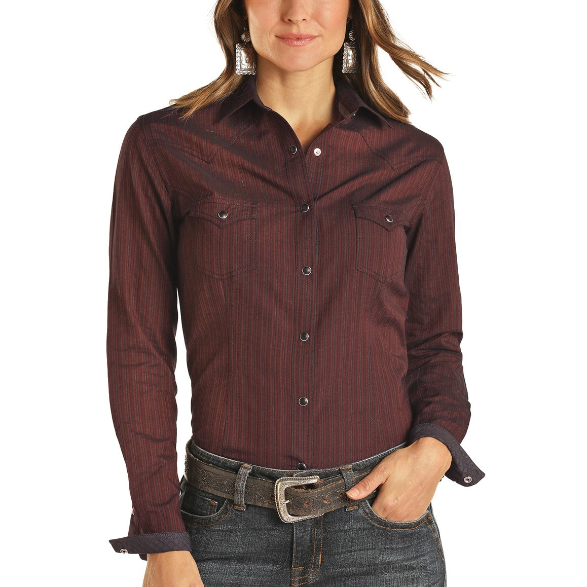 Panhandle Rough Stock Ladies Maroon Textured Dobby Snap Shirt R4S2507