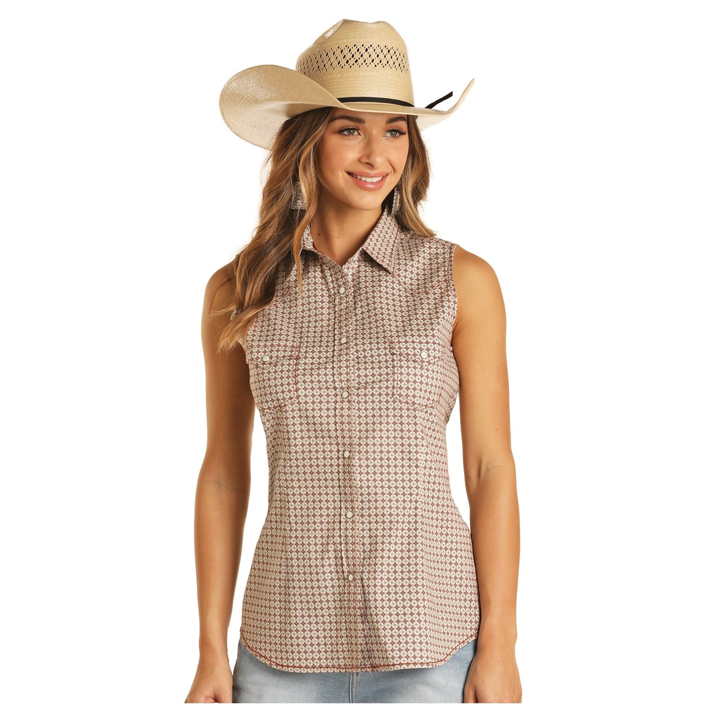 Panhandle Rough Stock Ladies Khaki Snap Tank Top Shirt R5-9016