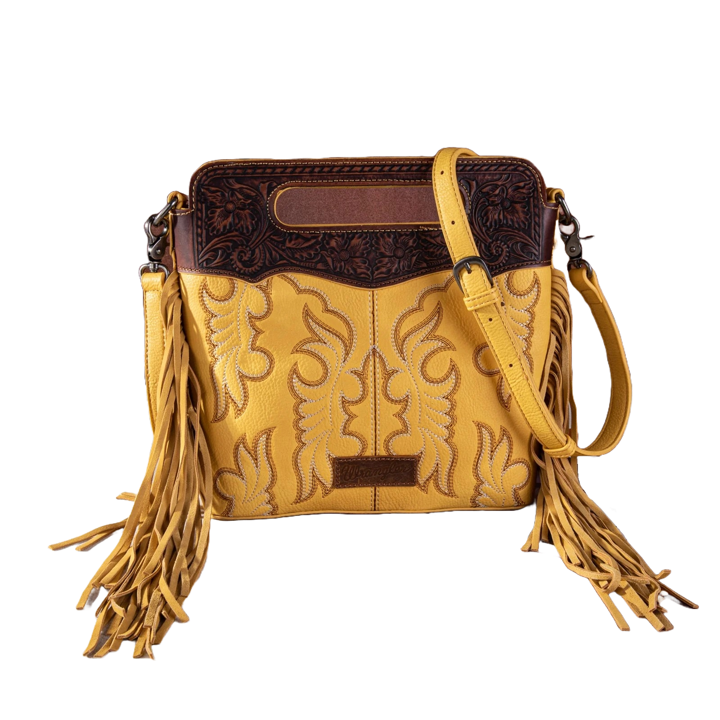 Wrangler Ladies Western Tooled Fringe Mustard Yellow Crossbody Bag WG110-G2010MST