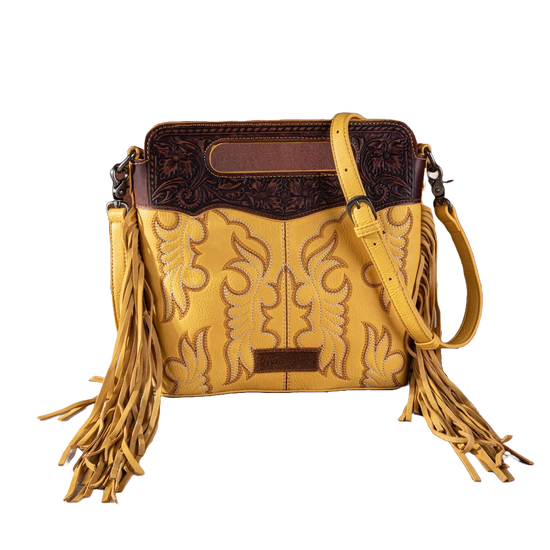 Wrangler Ladies Western Tooled Fringe Mustard Yellow Crossbody Bag WG110-G2010MST
