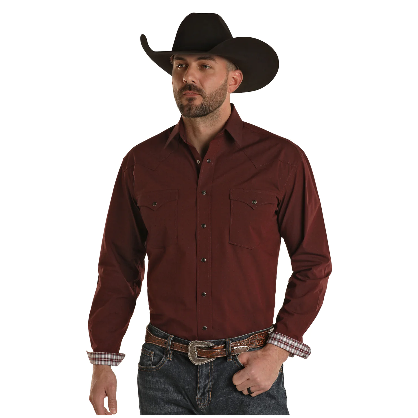 Panhandle Men's Rough Stock Stitching Detail Maroon Snap Shirt RMN2S02204