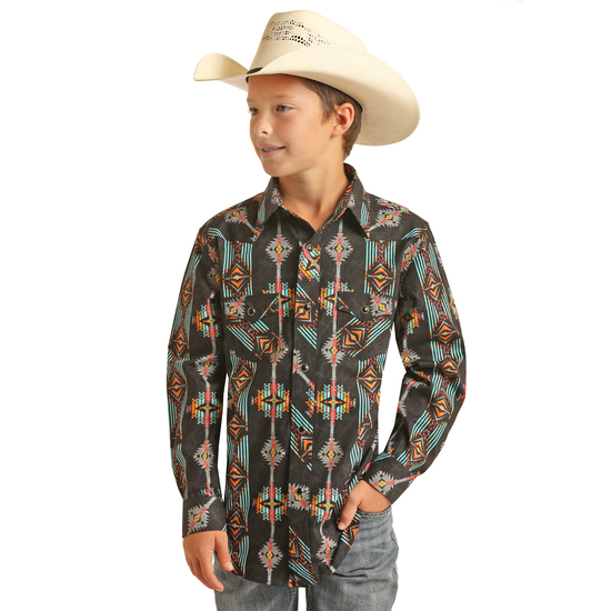 Rock & Roll Cowboy® Youth Boy's Black Aztec Button Shirt RRBS2SRZ7T-87