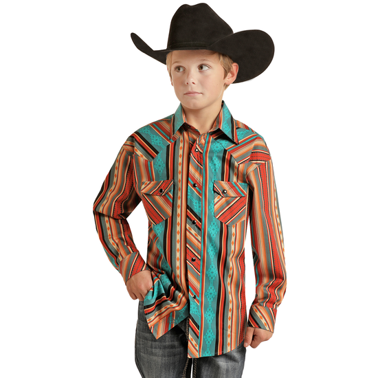 Rock & Roll Cowboy Kid's Aztec Stripe Caribbean Blue Shirt RRBSOSRZ0Y-83