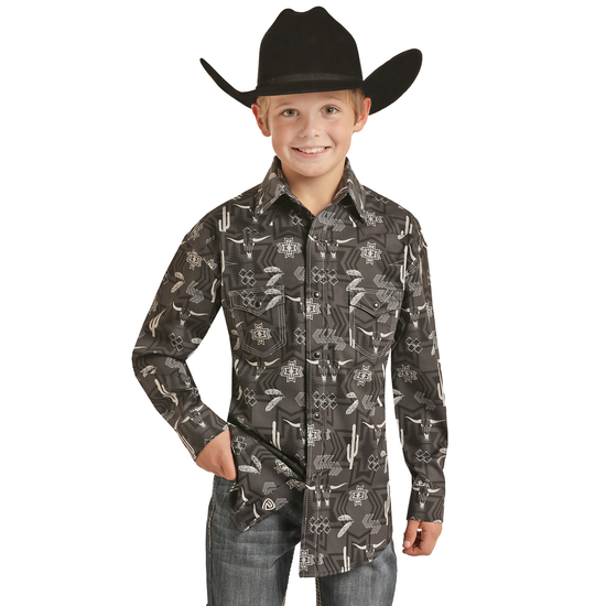 Rock & Roll® Youth Boy's Aztec Print Charcoal Snap Shirt RRBSOSRZ19-02