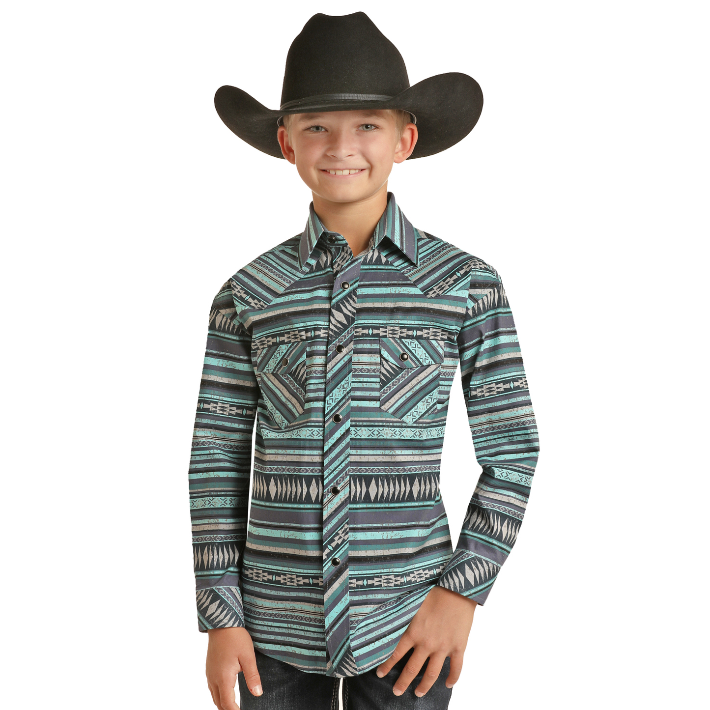 Rock & Roll® Youth Boy's Blue Aztec Striped Snap Up Shirt RRBSOSRZ1G-45