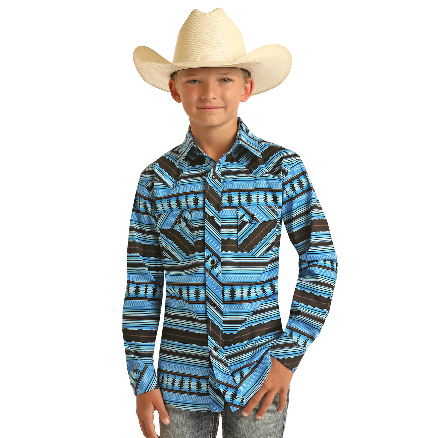 Rock & Roll Cowboy® Youth Boy's Blue Aztec Snap Up Shirt RRBSOSRZ81-86