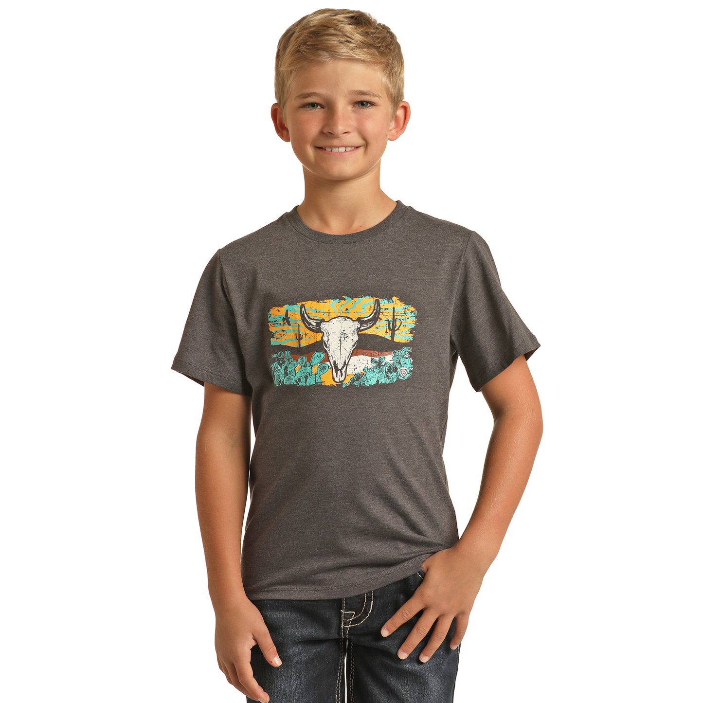 Rock & Roll Denim Kid's Cow Skull Charcoal T-Shirt RRBT21R062-02