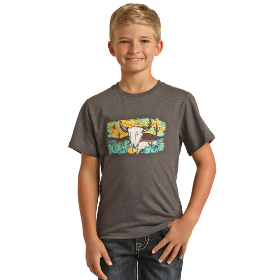 Rock & Roll Denim Kid's Cow Skull Charcoal T-Shirt RRBT21R062-02