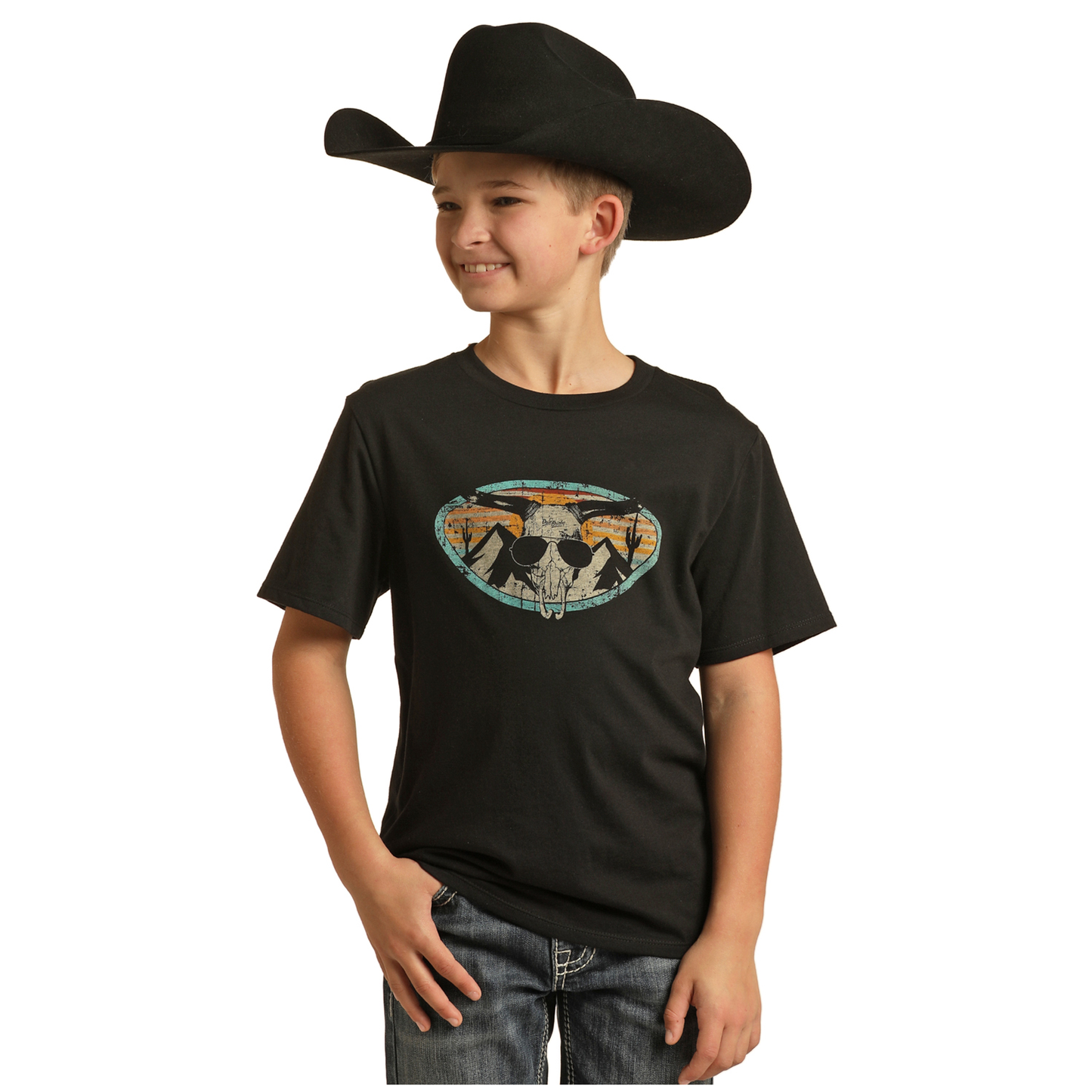 Rock & Roll Cowboy® Youth Boy's Longhorn Black Graphic Tee RRBT21R0IZ
