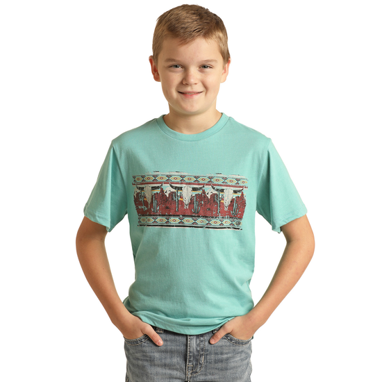 Rock & Roll Cowboy® Youth Boy's Longhorn Blue T-Shirt RRBT21RZME-86