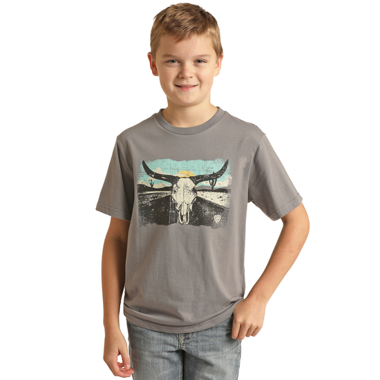 Rock & Roll Cowboy® Youth Boy's Longhorn Grey T-Shirt RRBT21RZMG-05