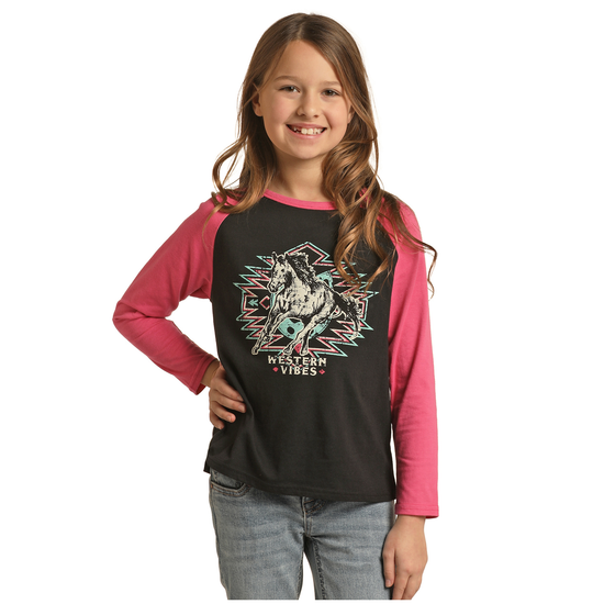 Rock & Roll Cowgirl® Youth Girl's Western Graphic Black Tee RRGT22R0I9