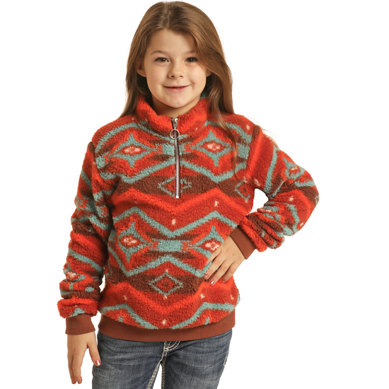 Rock & Roll Cowgirl Kid's Aztec Orange Sherpa Pullover RRGT91R04I-92
