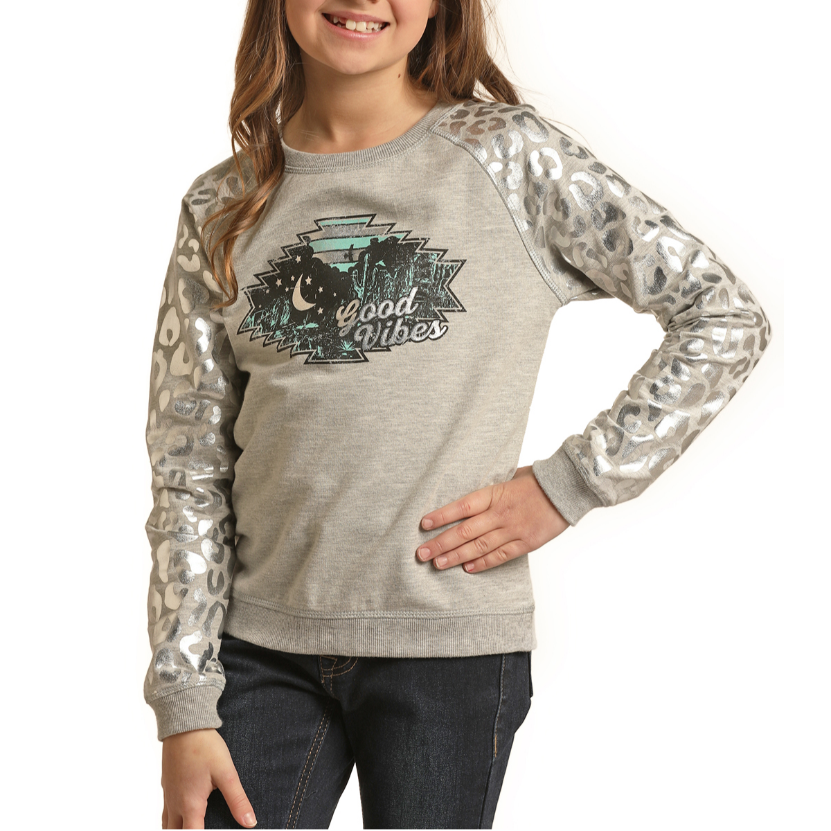 Rock & Roll Cowgirl® Youth Girl's Foil Cheetah Pullover RRGT91R0IG