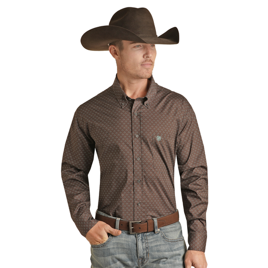 Rock & Roll Cowboy® Men's Brown Geo Print Button Up Shirt RRMSODR09I