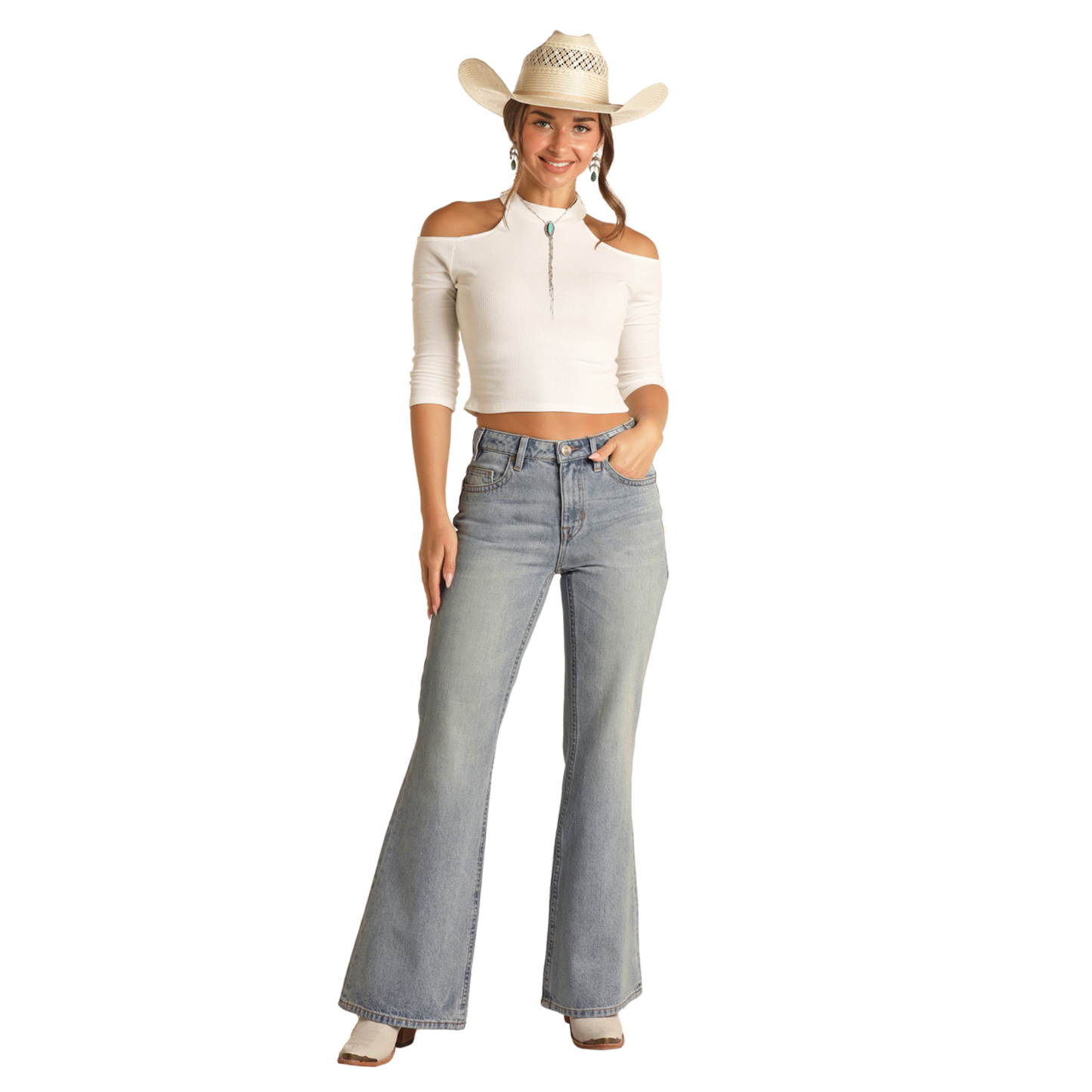 Load image into Gallery viewer, Rock &amp;amp; Roll Denim® Ladies Star Back Flare Jeans RRWD6HR0SO-204
