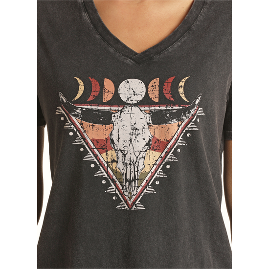 Rock & Roll® Ladies V-neck Graphic Black T-Shirt RRWT21R056-01