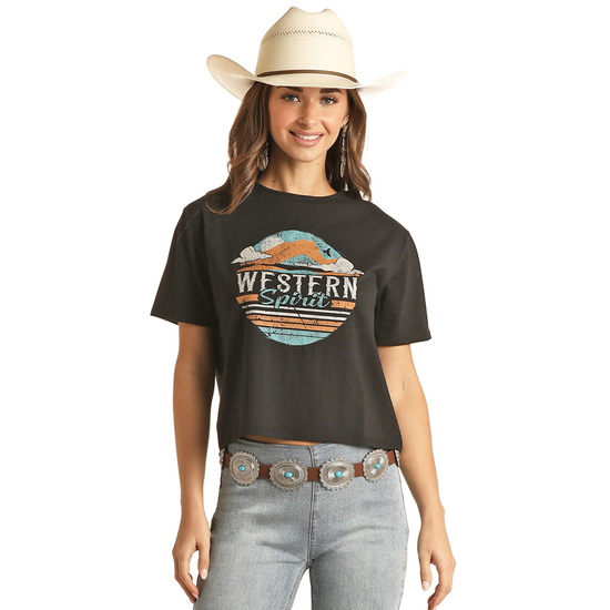 Rock & Roll® Ladies Western Graphic Boxy Black T-Shirt RRWT21RZO7