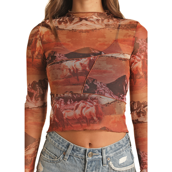 Load image into Gallery viewer, Rock &amp;amp; Roll Cowgirl® Ladies Scenic Printed Mesh Shirt RRWT22R0Y0

