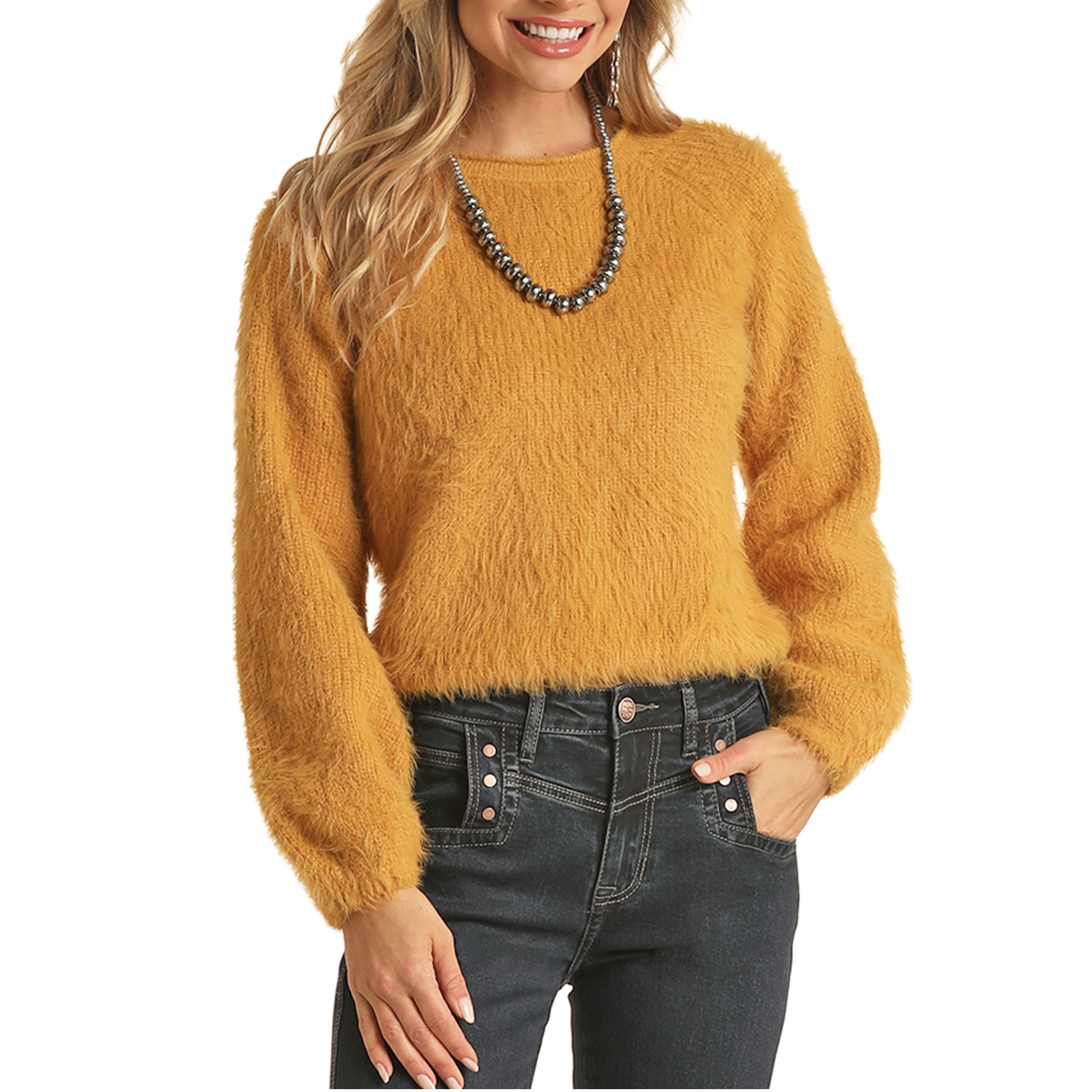 Rock & Roll® Ladies Fuzzy Solid Mustard Sweater RRWT32R042-77