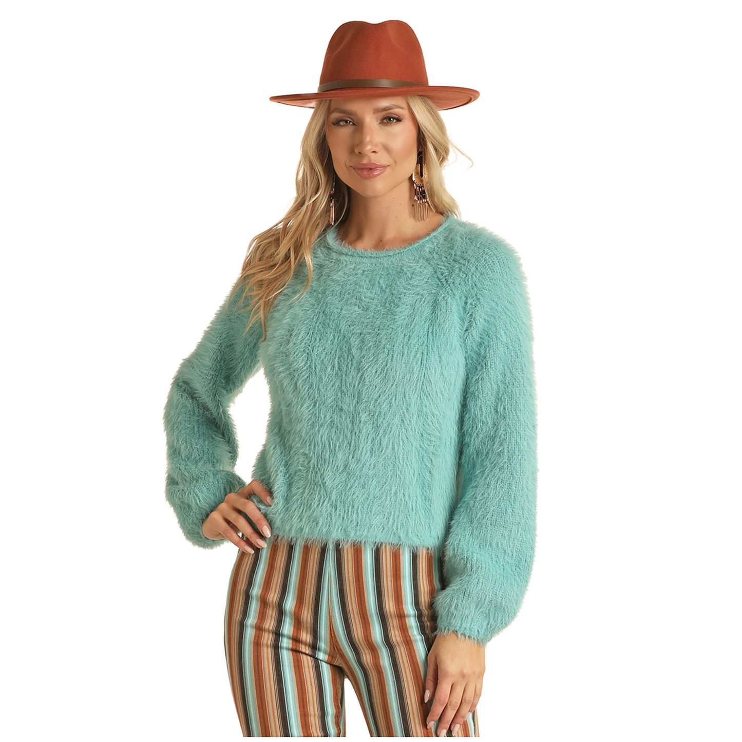 Rock & Roll® Ladies Fuzzy Solid Turquoise Sweater RRWT32R042-87