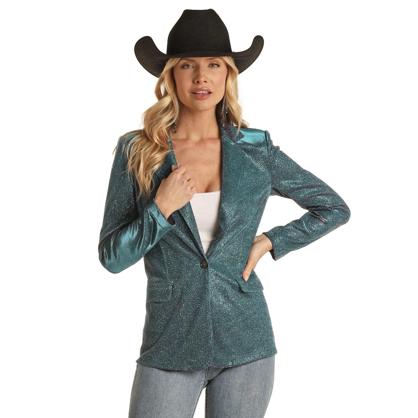 Rock & Roll Cowgirl Ladies Iridescent Bright Turquoise Blazer RRWT92R0CB