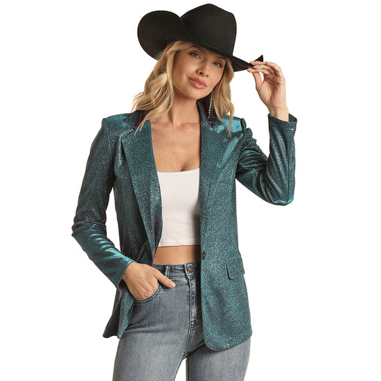Rock & Roll Cowgirl Ladies Iridescent Bright Turquoise Blazer RRWT92R0CB