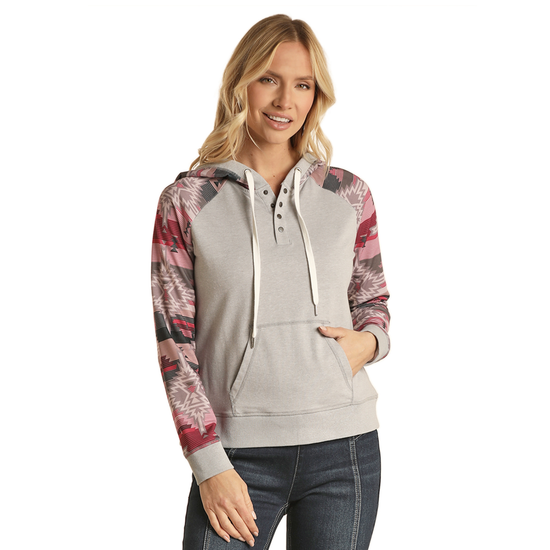 Rock & Roll Denim® Ladies Aztec Sleeves Snap Grey Hoodie RRWT94R0AX
