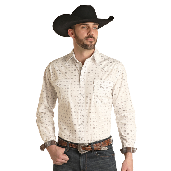 Panhandle® Men's Rough Stock Horseshoe White Snap Shirt RSMSOSR0EQ