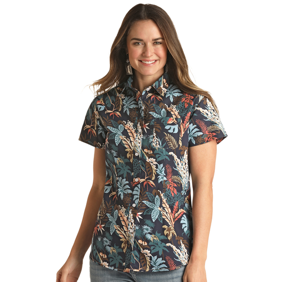 Panhandle Rough Stock® Ladies Navy Floral Short Sleeve Button Up Shirt RSWS1DRZDI