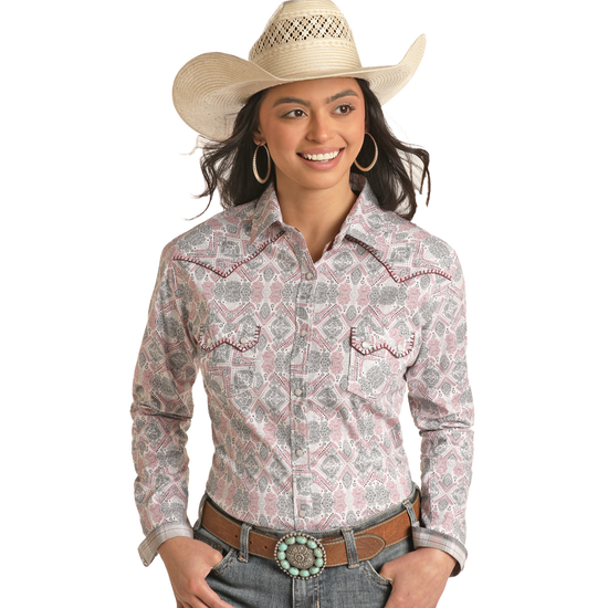 Load image into Gallery viewer, Rock &amp;amp; Roll Cowgirl® Ladies Burgundy Geo Print Shirt RSWSOSR0NP-62
