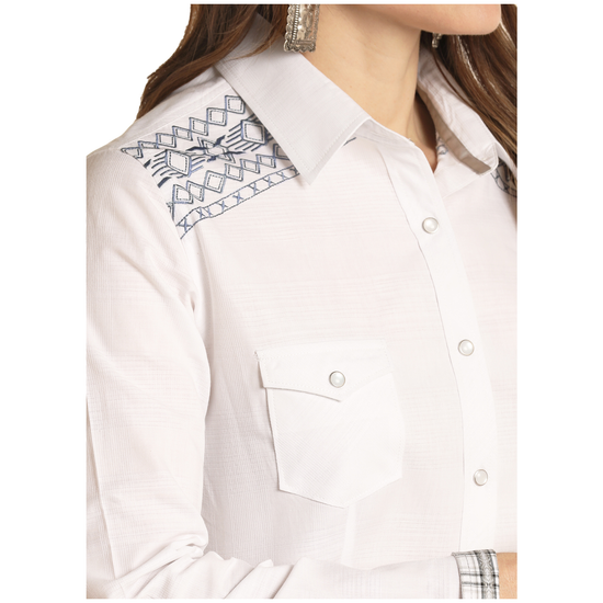 Rough Stock® Ladies Geometric Print White Snap Shirt RSWSOSRYTU-15