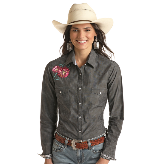 Panhandle Rough Stock® Ladies Black Long Sleeve Snap Button Shirt RSWSOSRZCV